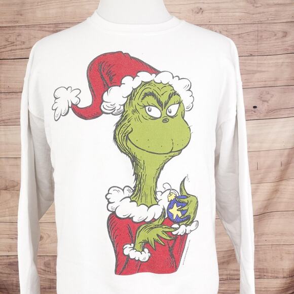Vintage Grinch Sweatshirt XL White Graphic Dr Seuss Christmas 90s - Picture 1 of 12